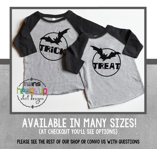 Twin Halloween Shirts Toddler Boy or Girl Twin Baby Bodysuits Trick or Treat Halloween Sibling Matching Tees Easty Costume Twins Bat Trendy Graphic Tee – Fan Favorite · Perfect For Daily Wear