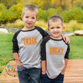 Twins Halloween Shirts Trick or Treat Halloween Shirts Siblings Twin Boys Twin Girls Halloween tshirts Raglan Trendy Halloween Twin Costumes Graphic Tee – Cozy Vibes · Must-Have Style