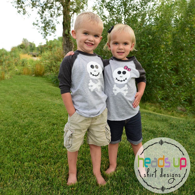 Twin Halloween Skull Raglan Shirts Boy Girl Twins Costume Shirts Skull tshirts Siblings Matching Boy Girl Halloween Tees Popular Graphic Tee – Cozy Vibes · Trending Graphic Apparel