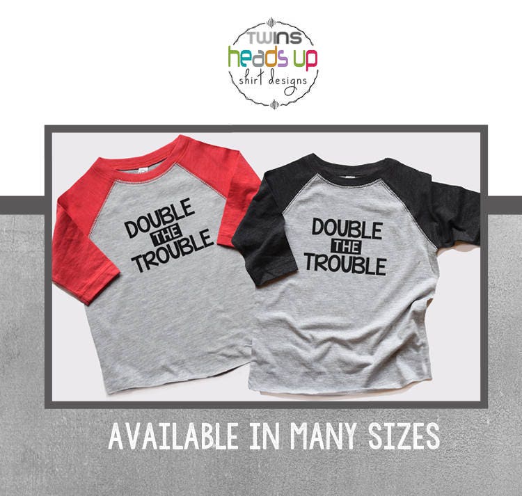 Twin Double Trouble Shirts Boy or Girl Funny Twin tshirts Double the Trouble Kids Tees Twins Siblings Trendy Baby Shower Twins Gift Graphic Tee – Aesthetic Look · Top Pick For Any Outfit