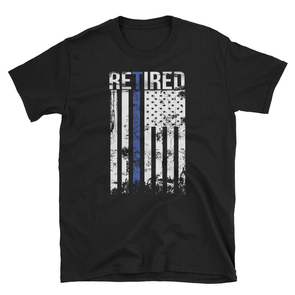 Retired Police Officer T Shirt Law Enforcement Retirement Gift Cop Thin Blue Line Shirt Graphic Tee – Premium Graphic · Great Gift For Fans
