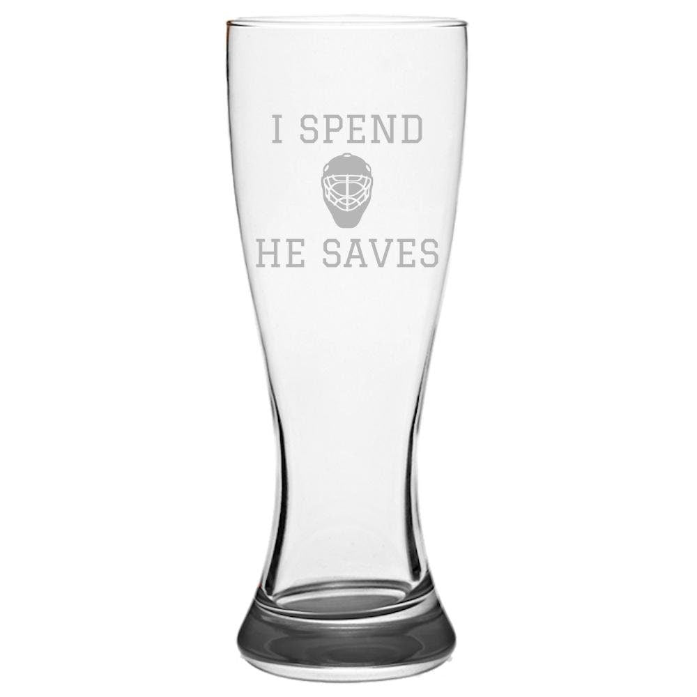 Hockey Dad Gift Hockey Mom Gift Funny Hockey Beer Glass I Spend He Saves Goalie Dad Goalie Mom Pilsner Glass Graphic Tee – Everyday Comfort · High-Quality Print