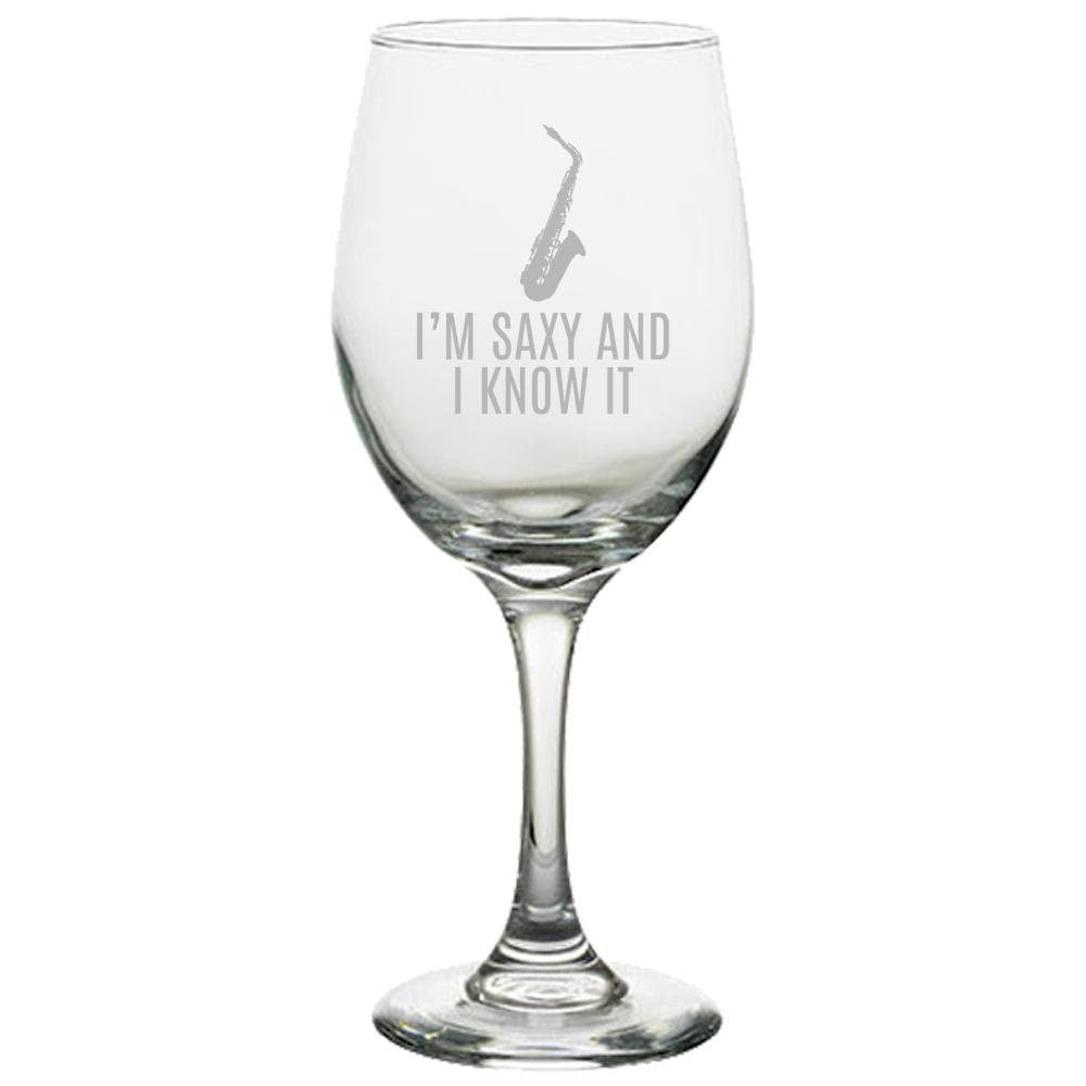 Funny Saxophone Wine Glass Saxophone Player Gift Saxophonist Present I39m Saxy And I Know It Graphic Tee – Soft Feel · Trending Graphic Apparel