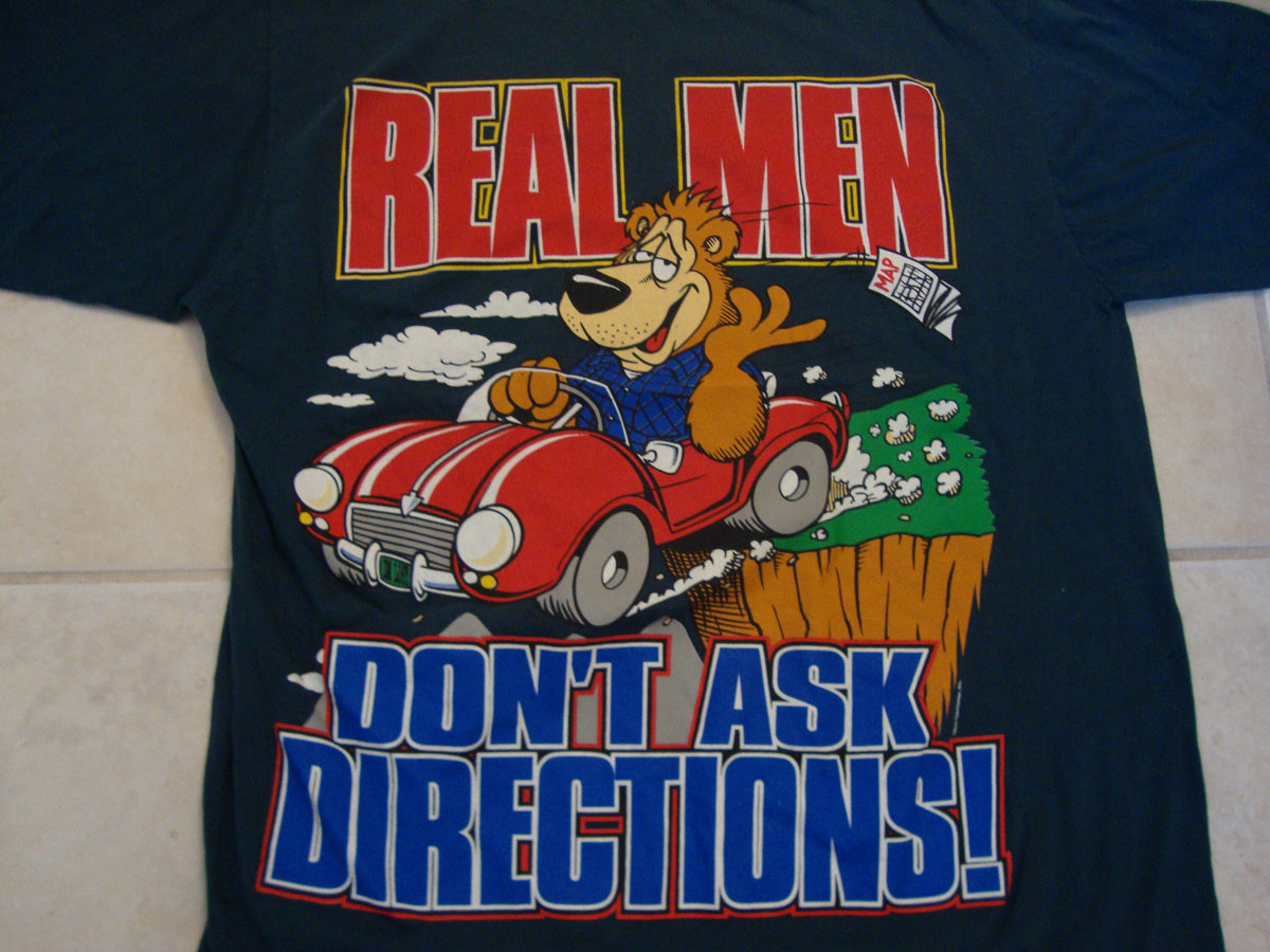 Vintage 9039s Real Men Don39t Ask Directions Bear Funny Green T Shirt Size XL Graphic Tee – Warm & Stylish · Must-Have Style