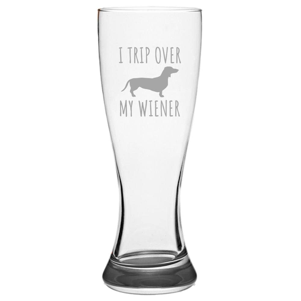 Funny Dachshund Beer Gift I Trip Over My Wiener Gift For Dachshund Owner Etched Beer Glass Pilsner Glass Graphic Tee – Fan Favorite · Trending Graphic Apparel