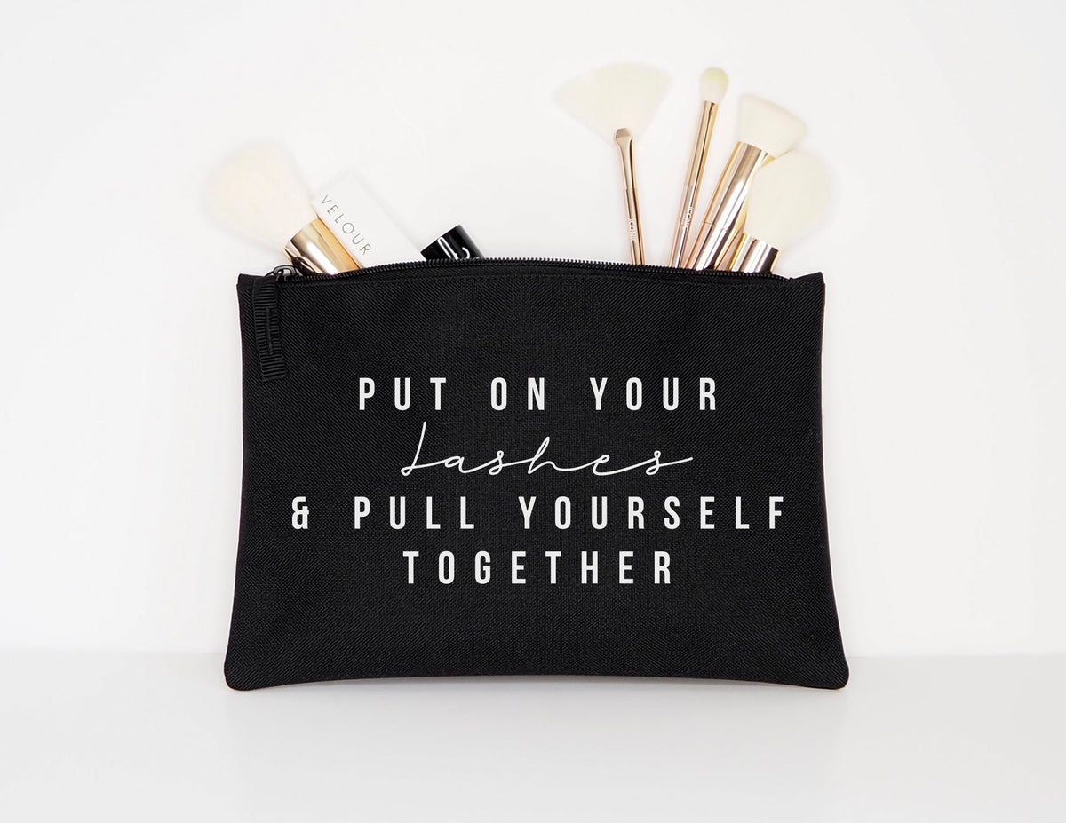 Put On Your Lashes And Pull Yourself Together Makeup Cosmetic Accessory Pouch Graphic Tee – Aesthetic Look · High-Quality Print