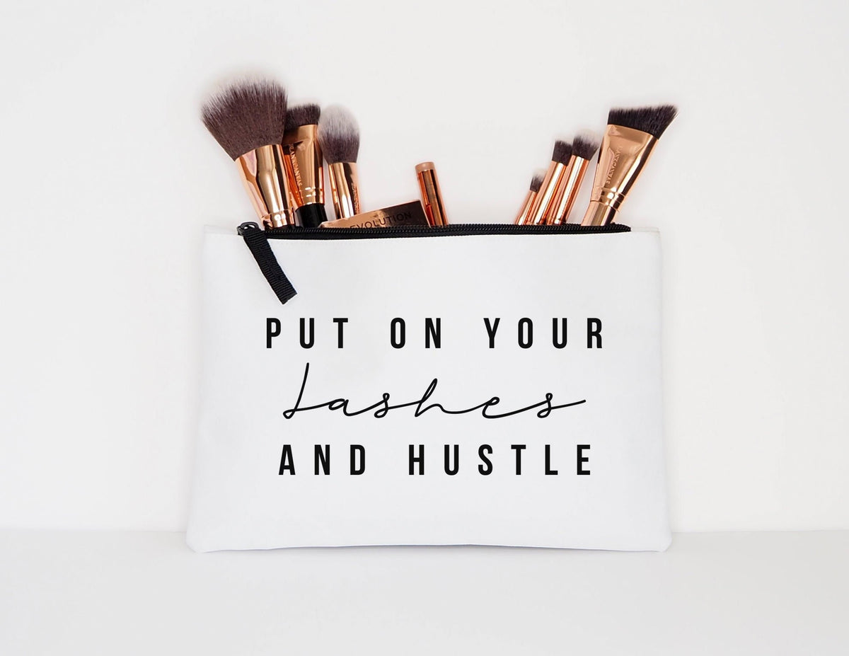 Put On Your Lashes And Hustle Makeup Cosmetic Accessory Pouch Graphic Tee – Premium Graphic · Great Gift For Fans