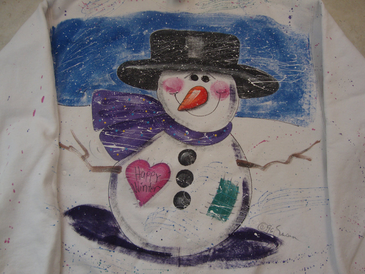 Vintage 9039s Winter Snow Man Hand Painted Snowman Christmas Crew Neck Sweatshirt Size L Sweatshirt – Cozy Vibes · Must-Have Style