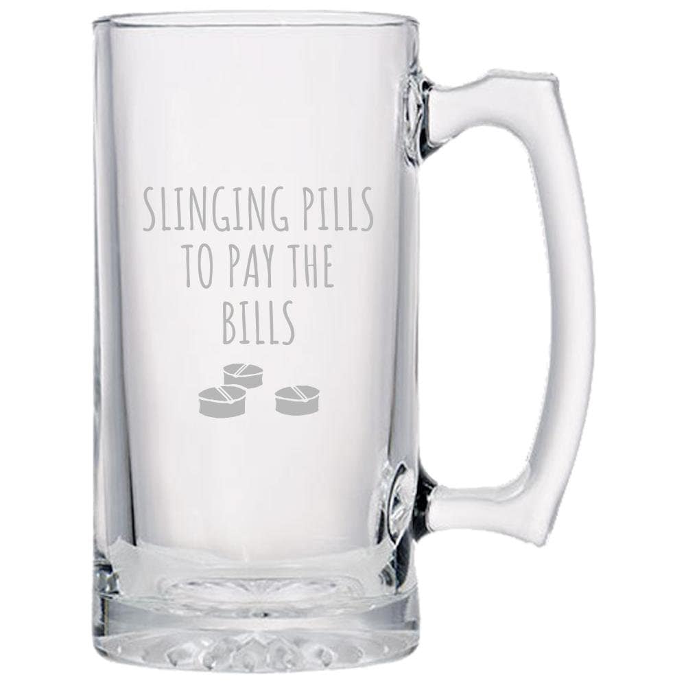 Funny Pharmacist Beer Mug Pharmacy Technician Gift Pharmacy Present Slinging Pills To Pay The Bills Beer Glass Graphic Tee – Premium Graphic · Great Gift For Fans