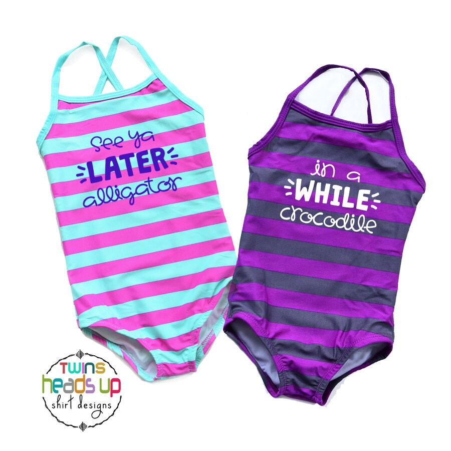 Twin Girls Swimsuits Matching Toddler Kids Girl Sibling Twins Coordinating Swim Suits Trendy See Ya Later Alligator Beach Pool Party Graphic Tee – Everyday Comfort · Perfect For Daily Wear