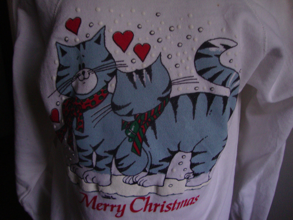 Vintage 9039s Merry Christmas Cats White Crew Neck Sweatshirt Size M Sweatshirt – Aesthetic Look · Must-Have Style