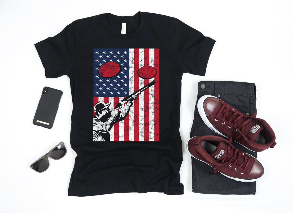 Skeet Shooting Clay Target American Flag USA Gun Gift TShirt Long Sleeve Sweatshirt Hoodie Tank Top Hoodie – Soft Feel · Trending Graphic Apparel