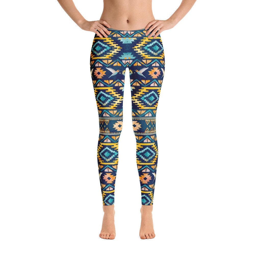 Navajo Indian Tribal Print Pattern Leggings for Women with Pink Hummingbirds Great for Everyday Wear Fitness Workout or Yoga Graphic Tee – Soft Feel · Great Gift For Fans