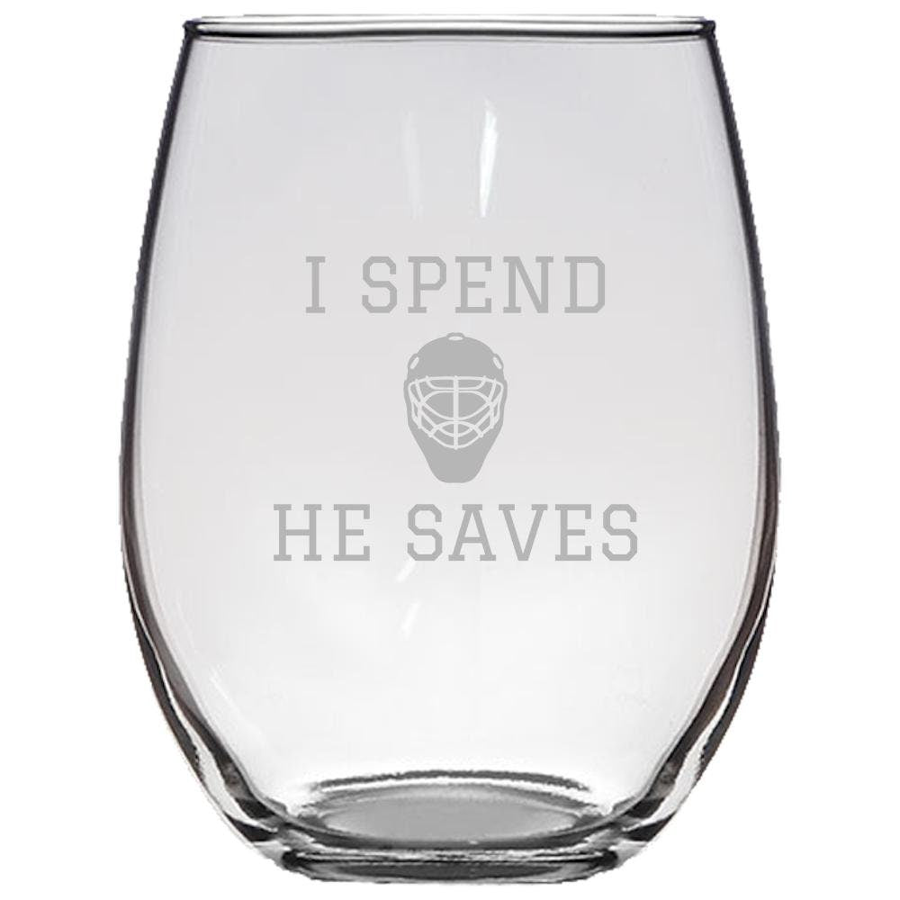 Hockey Mom Gift Goalie Mom Present Hockey Goalie Mother Mother39s Day Mother39s Birthday I Spend He Saves Stemless Wine Glass Graphic Tee – Bold Style · Must-Have Style