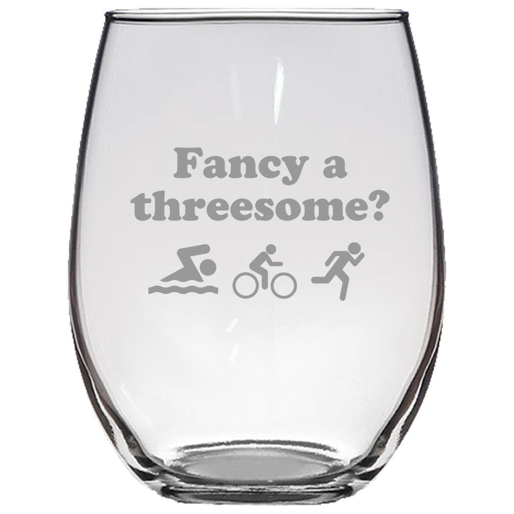 Triathlon Stemless Wine Glass Funny Triathlon Gift Triathlete Present Fancy A Threesome Graphic Tee – Bold Style · Top Pick For Any Outfit