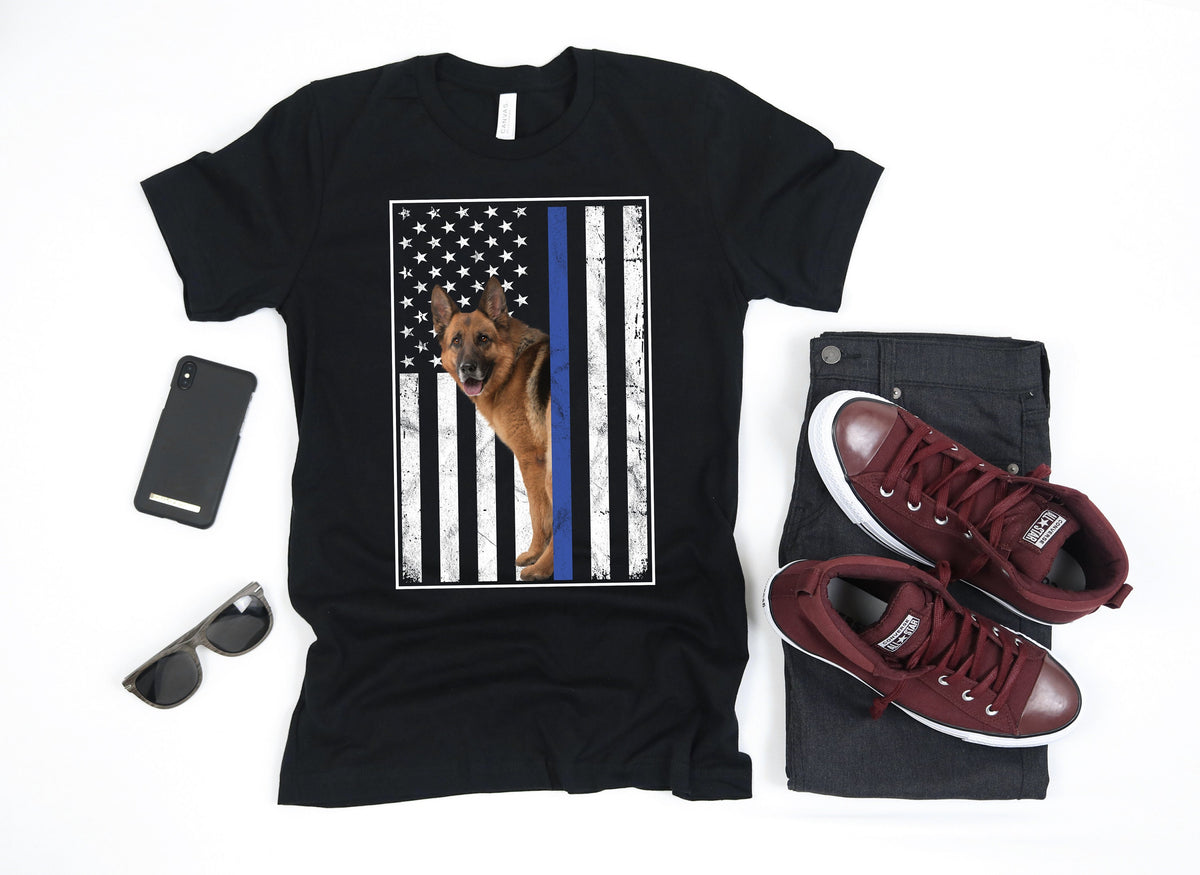 K9 Police American Flag TShirt K9 German Shepherd Thin Blue Line Law Enforcement USA Flag Gift Patriotic Shirt Graphic Tee – Premium Graphic · Perfect For Daily Wear