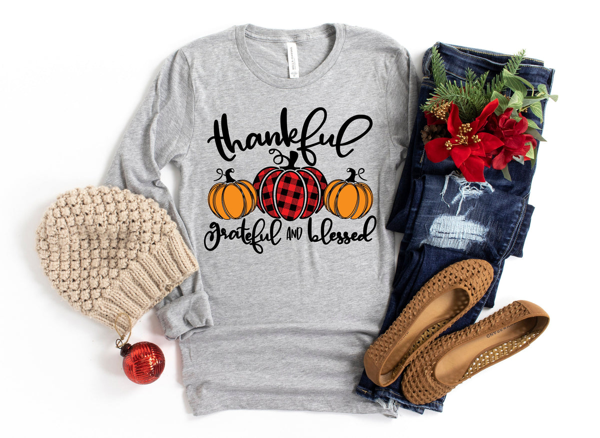Thankful Grateful Blessed Shirt Pumpkin TeeBuffalo Plaid Thanksgiving ShirtThanksgiving Family ShirtThanksgiving Matching Graphic Tee – Soft Feel · Top Pick For Any Outfit