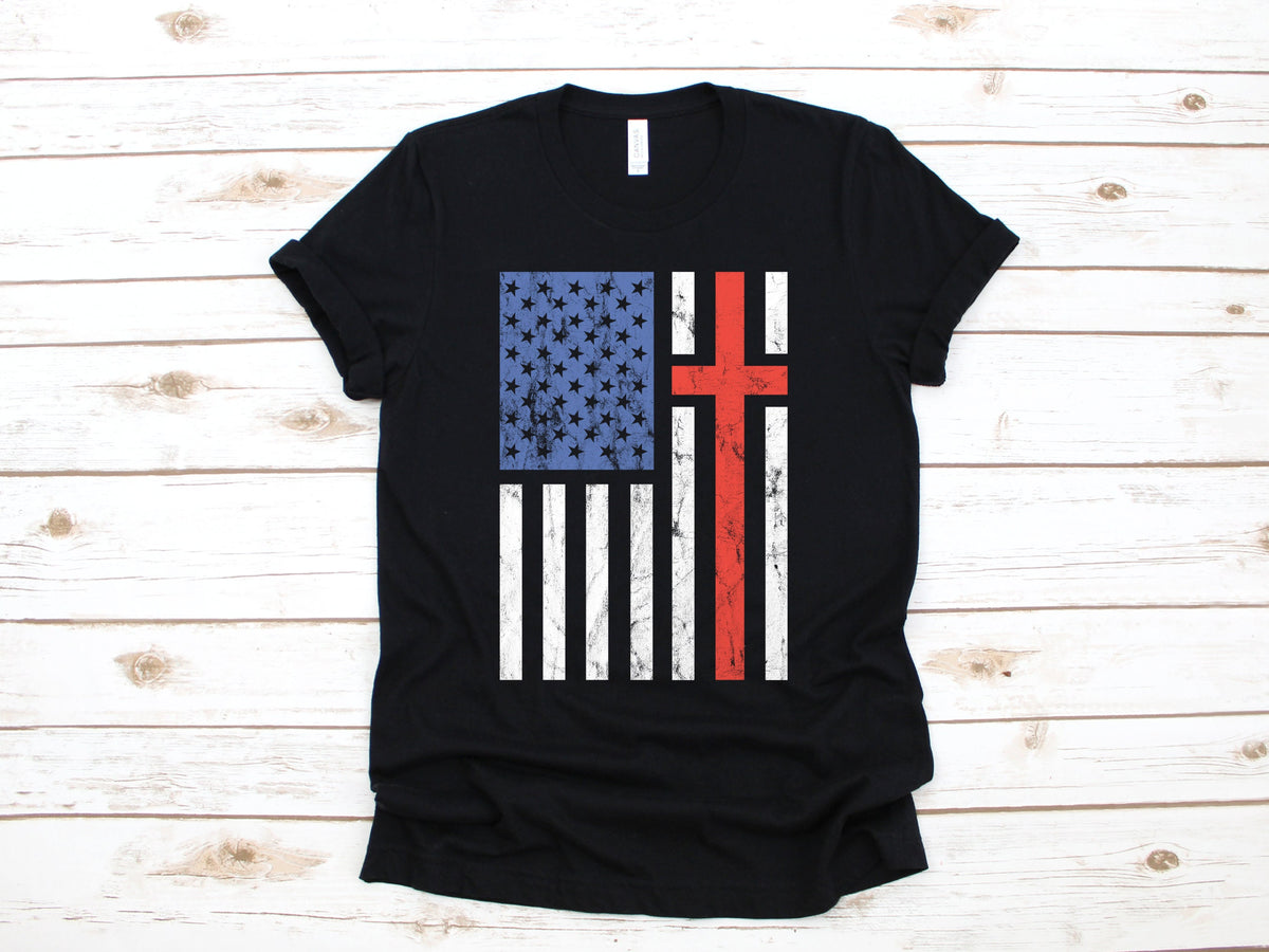 Christian Cross American Flag TShirt USA Catholic Long Sleeve Patriotic Jesus Sweatshirt Hoodie Tank Top Hoodie – Soft Feel · Must-Have Style