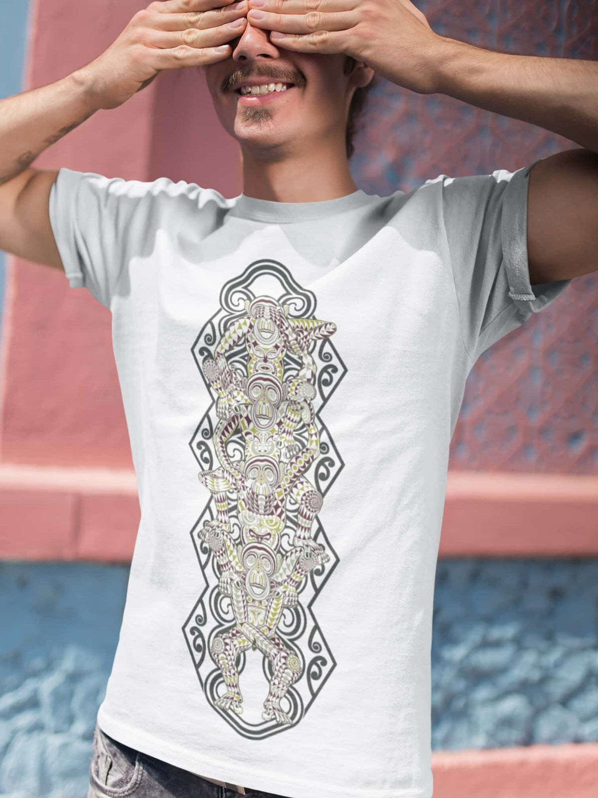 3 Wise Monkeys Shirt for Men MONKEY 4 MONKEY White Trippy Monkey Men Shirt Tribal Spiritual Clothing Yoga Wear Sacred Geometry Tee Graphic Tee – Warm & Stylish · Perfect For Daily Wear