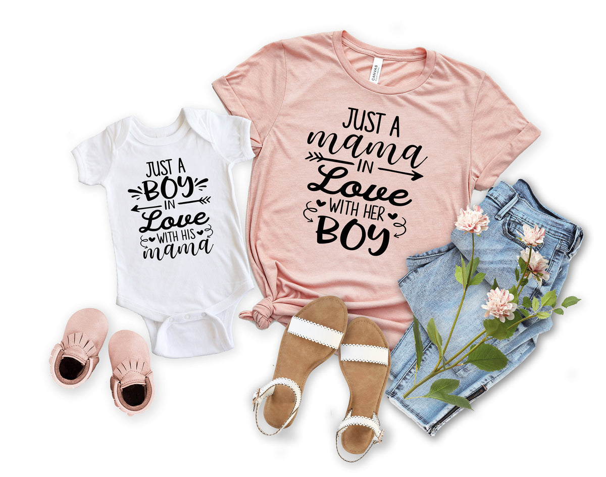 Mommy and Me Shirt Just a Mama in Love with Her Son Just a Son in Love with His Mama Mom and Me Mother and Son Matching Shirt Graphic Tee – Aesthetic Look · Must-Have Style