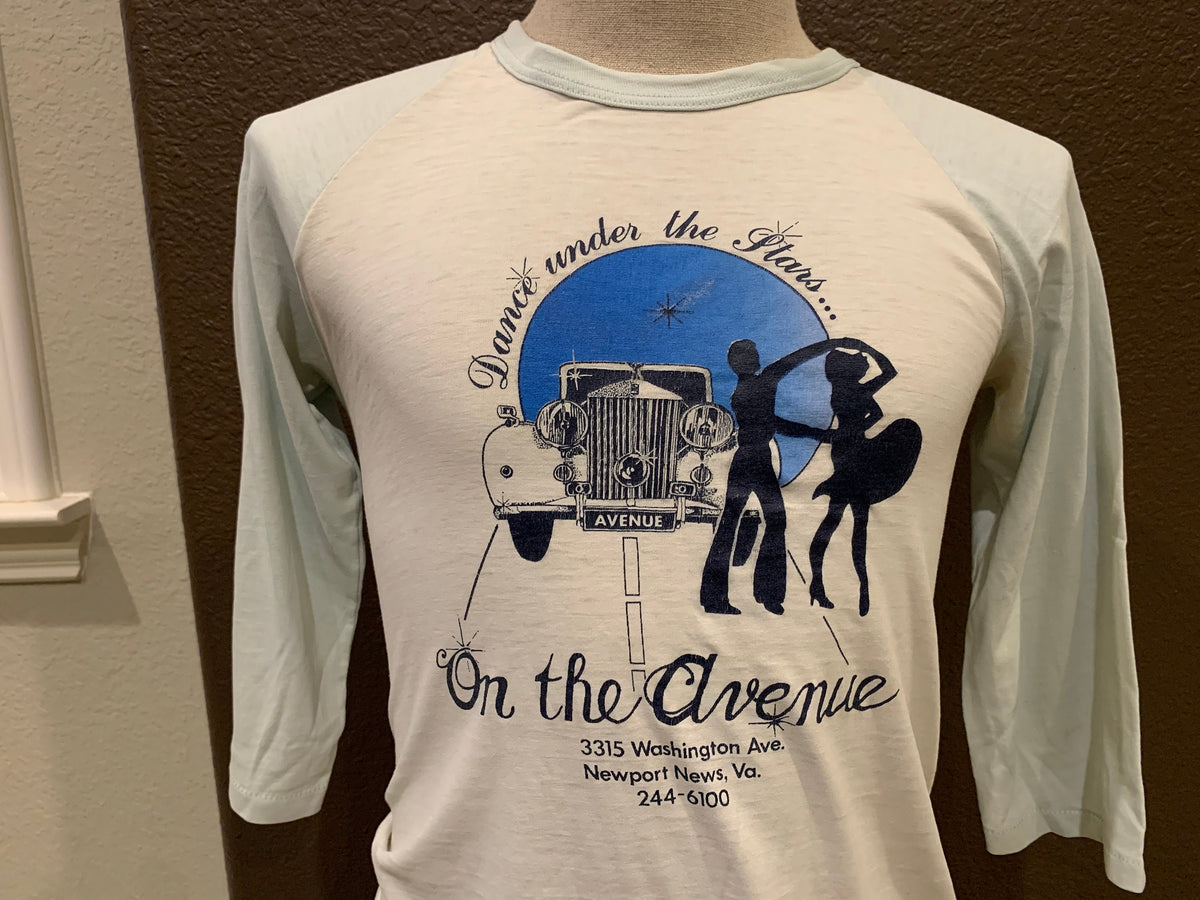 Vintage 8039s Dance Under The Stars On The Avenue White Blue K94 Radio Station Raglan Sleeve Shirt Size M Graphic Tee – Bold Style · Top Pick For Any Outfit