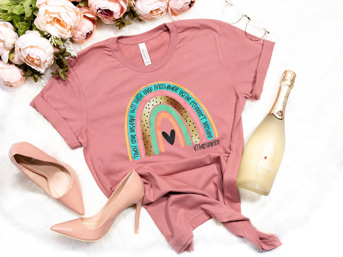 Rainbow Teach Love Inspire Valentines Day Shirt Gift for her Valentine39s Day Gift Valentine GiftTeacher Life ShirtTeacher Gift Graphic Tee – Cozy Vibes · Must-Have Style