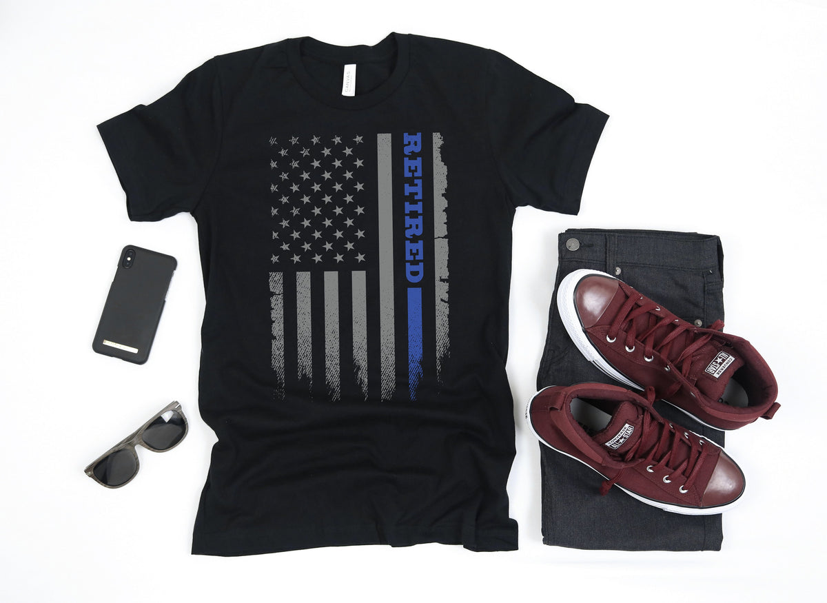 Retired Police Officer T Shirt Law Enforcement Retirement Gift Cop Thin Blue Line Shirt USA Flag Hoodie Long Sleeve Sweatshirt Hoodie – Soft Feel · High-Quality Print