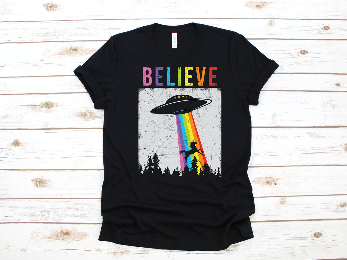Believe Alien Unicorn Rainbow TShirt Extraterrestrial UFO Gift Funny Alien Abduction Long Sleeve Conspiracy Hoodie Tank Top Hoodie – Premium Graphic · Trending Graphic Apparel