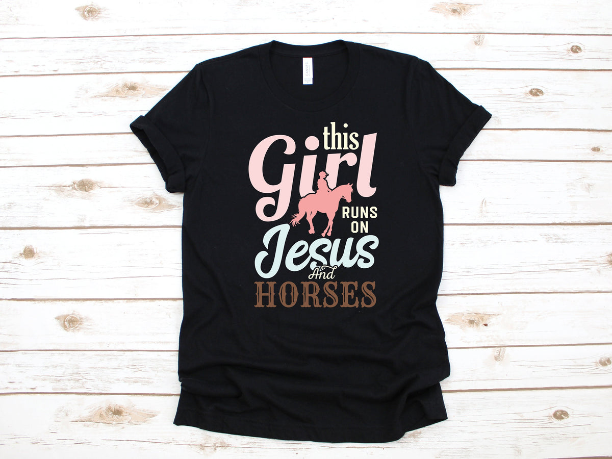 This Girl Runs on Jesus and Horses TShirt Barn Girl Christian Tank Top Hoodie Sweatshirt Long Sleeve Catholic Horseback Hoodie – Fan Favorite · Great Gift For Fans