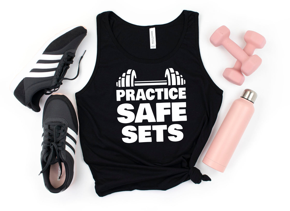 Practice Safe Sets Tank Top Funny Fitness Tank Top Funny Weightlifter Womens Tank Top Lifting Weights Bench Press Hoodie Sweatshirt Hoodie – Bold Style · High-Quality Print