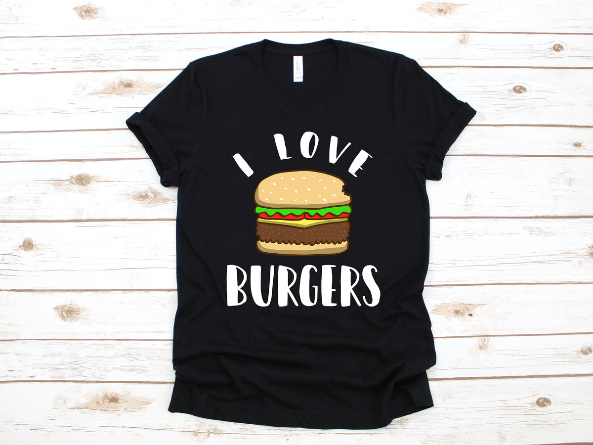 I Love Burgers TShirt Burger Shirt Cheeseburger Lover Fast Food Tank Top Cute Hamburger Kids Tee Hoodie Long Sleeve Sweatshirt Hoodie – Fan Favorite · Trending Graphic Apparel