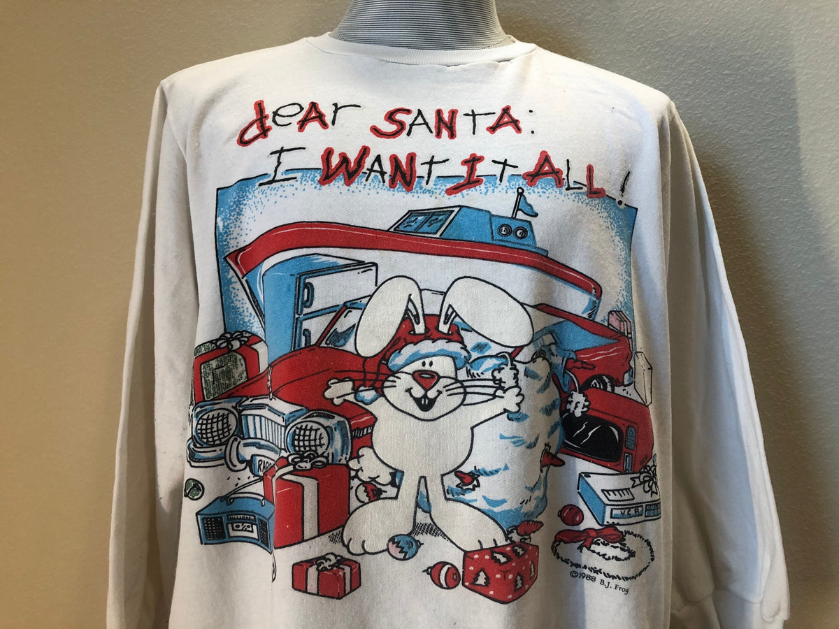 Vtg 80s Dear Santa I Want It All Christmas White Crewneck Sweatshirt Size XL Sweatshirt – Cozy Vibes · High-Quality Print