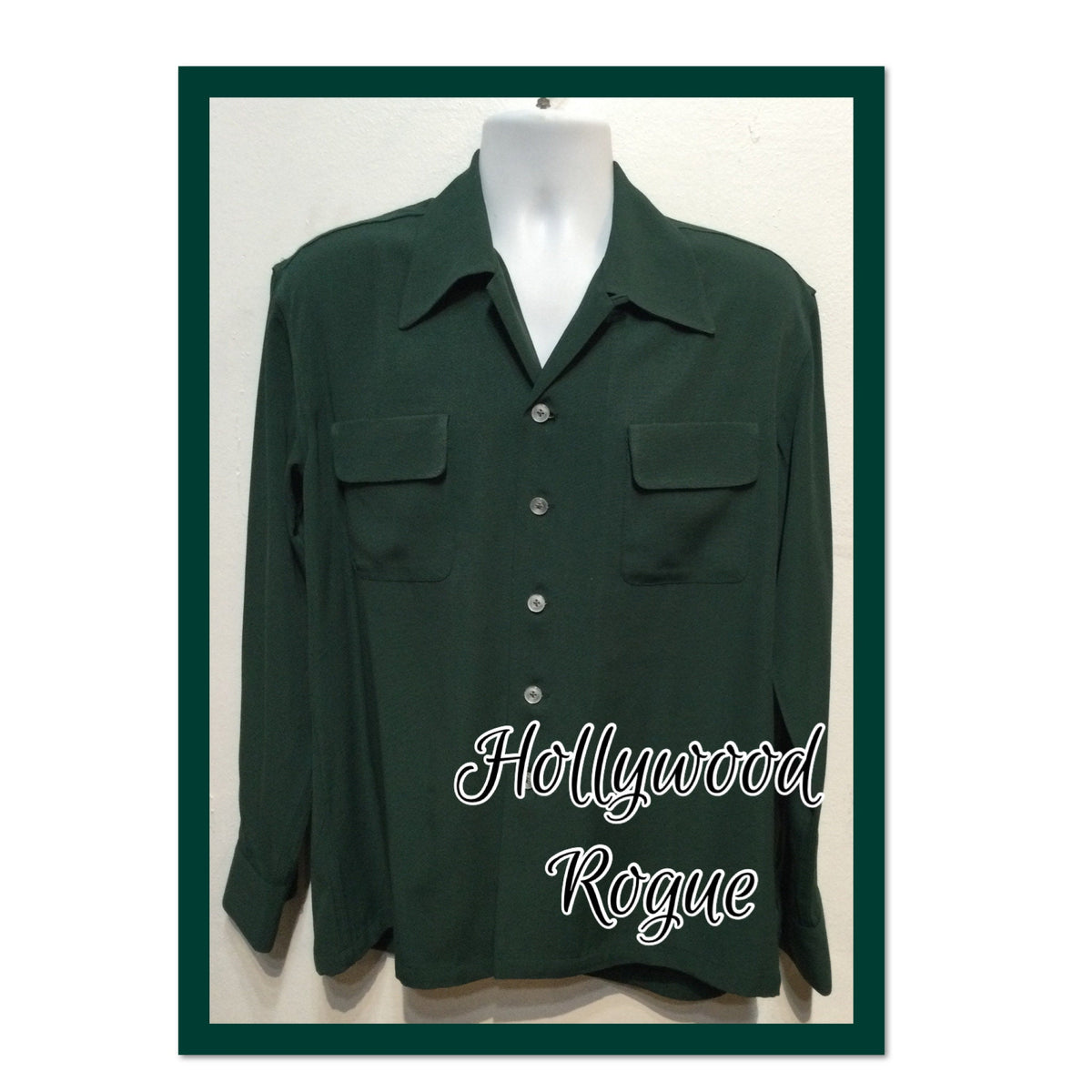 HR051 195039s vintage reproduction Hollywood Rogue Dark Green Gabardine Shirt Graphic Tee – Fan Favorite · Trending Graphic Apparel