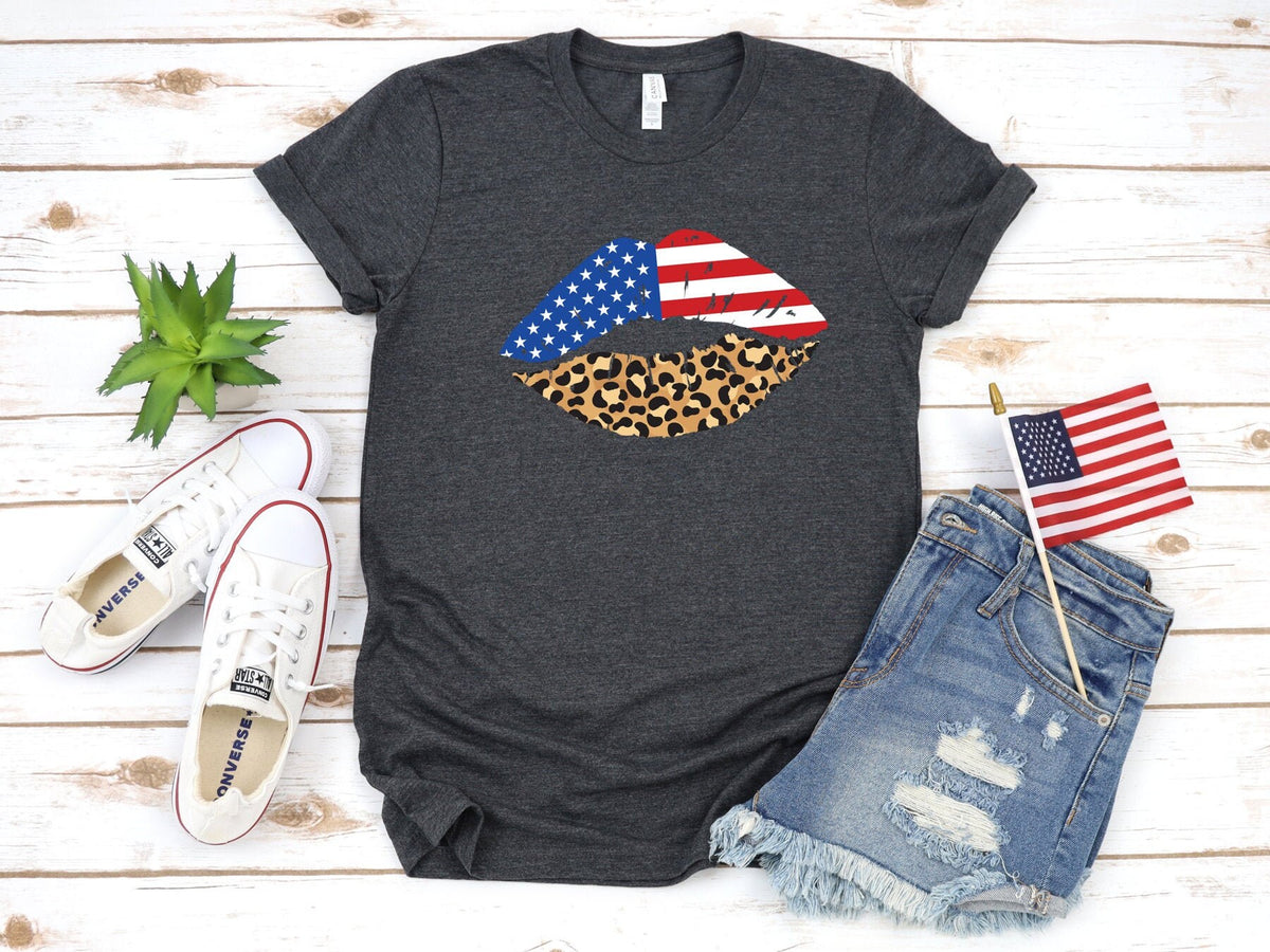 USA Flag Lips TShirt Cheetah Pattern July 4th Patriotic Fourth of July Cute Kisses Lips American Flag USA Tank Top Hoodie Womens Tee Hoodie – Soft Feel · Trending Graphic Apparel