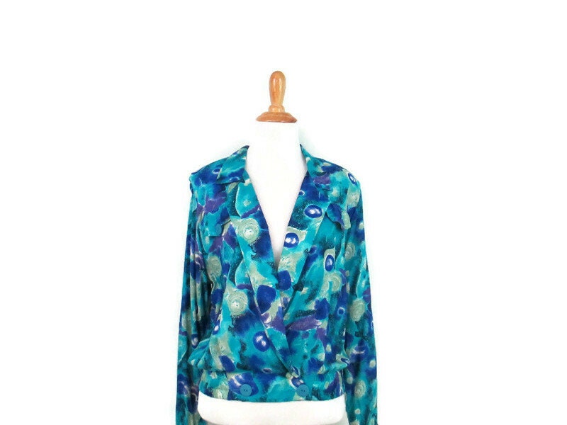 Vintage 8039s Faux Wrap Blouse Women39s Medium Abstract Print Rayon Elastic Waist Cross Over Deep V Neck Padded Shoulder Long Sleeve Shirt Graphic Tee – Warm & Stylish · Top Pick For Any Outfit