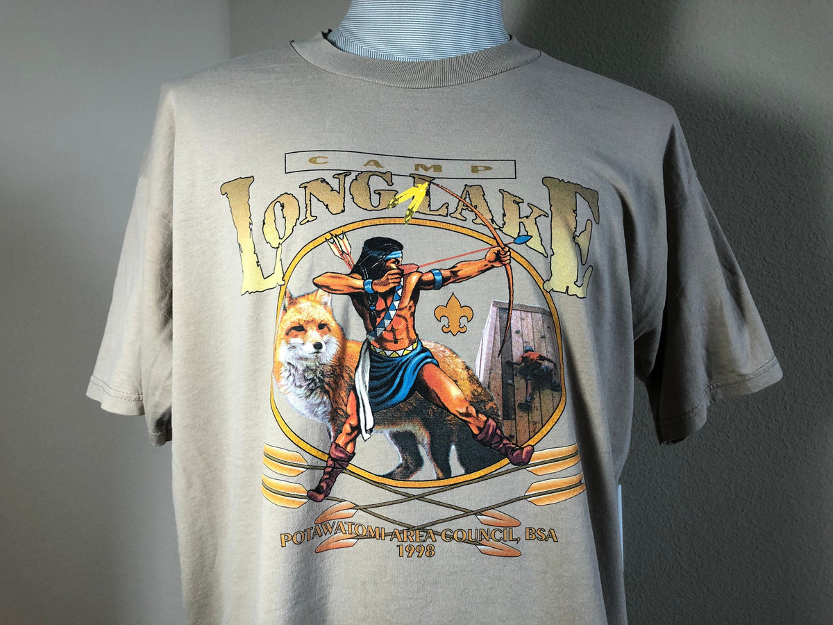 Vintage 90s Long Lake Camp Potawatoah Area Council Boy Scouts Biege T Shirt XL Graphic Tee – Feel-Good Design · Must-Have Style