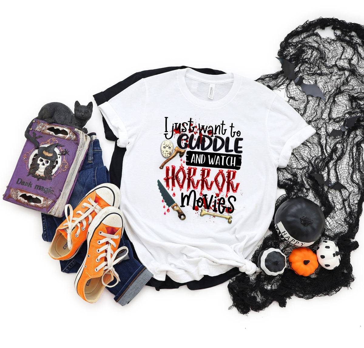 Cuddle and watch horror movies shirtHalloween PartyHalloween TshirtHocus Pocus ShirtHalloween Funny TeeHalloween Spooky Shirt Graphic Tee – Bold Style · Perfect For Daily Wear