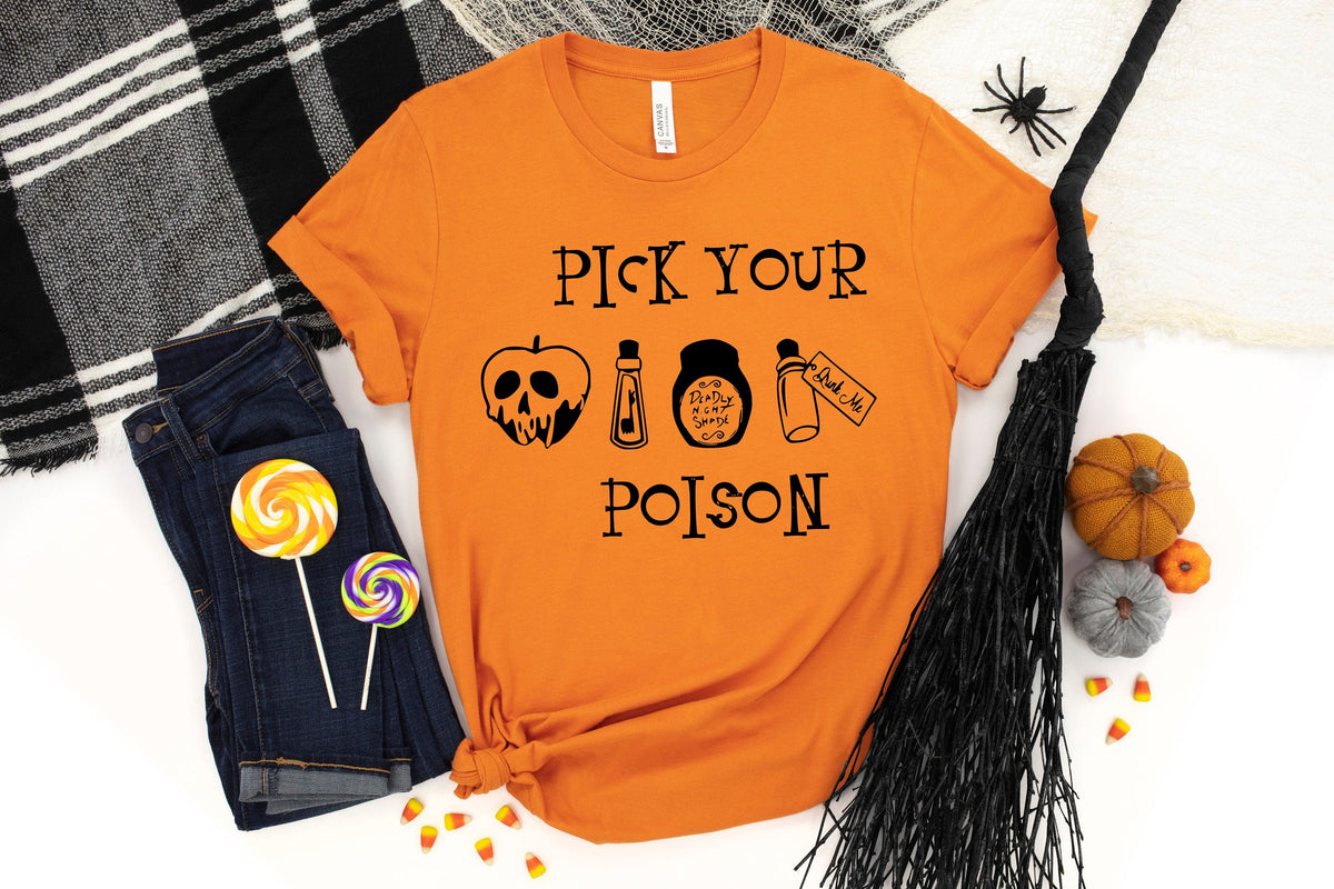 Halloween ShirtPick your Poison ShirtHalloween Shirt For WomenHalloween Gift for MomHalloween Matching ShirtHalloween Gift for tee Graphic Tee – Premium Graphic · High-Quality Print