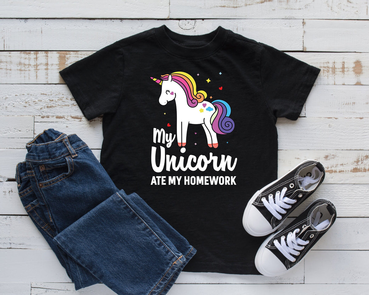 My Unicorn Ate My Homework TShirt Funny Unicorn Kids Tee Toddler Shirt Tank Top Hoodie Sweatshirt Long Sleeve Kids Tee Apparel Gift Hoodie – Warm & Stylish · Great Gift For Fans
