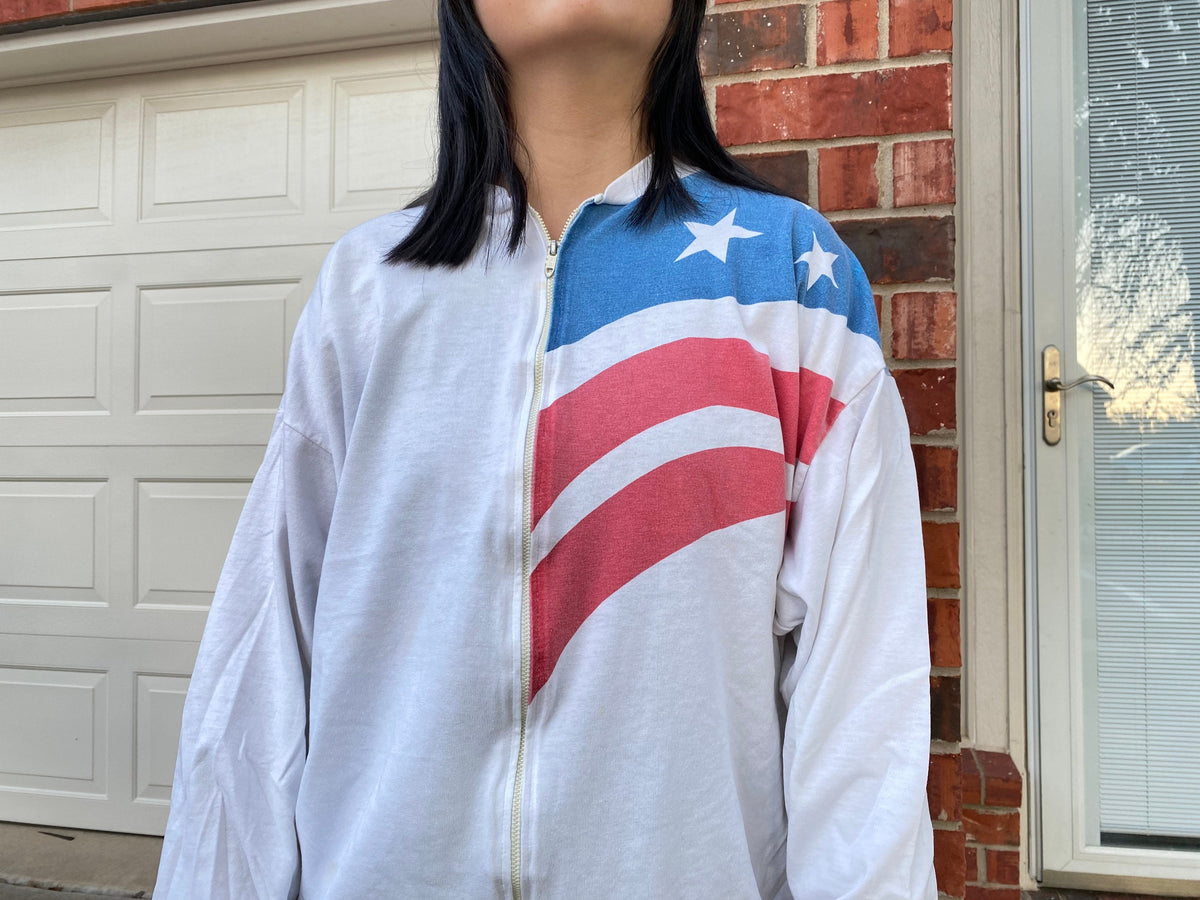 Vintage 90s American USA Flag White Light Jacket Size XL Graphic Tee – Bold Style · High-Quality Print