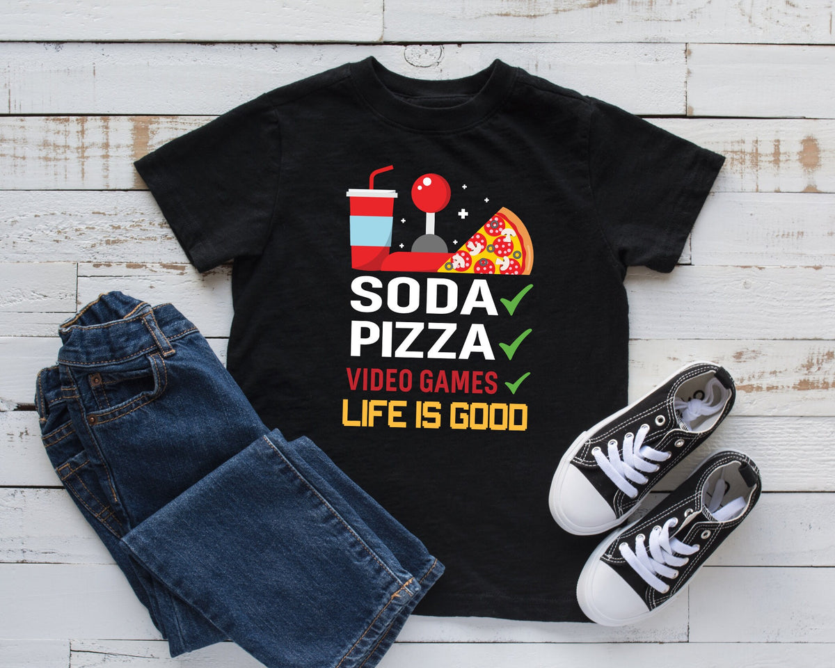 Soda Pizza Video Games TShirt Funny Gamer Kids Tee Tank Top Hoodie Sweatshirt Long Sleeve Kids Tee Apparel Gift Hoodie – Aesthetic Look · High-Quality Print