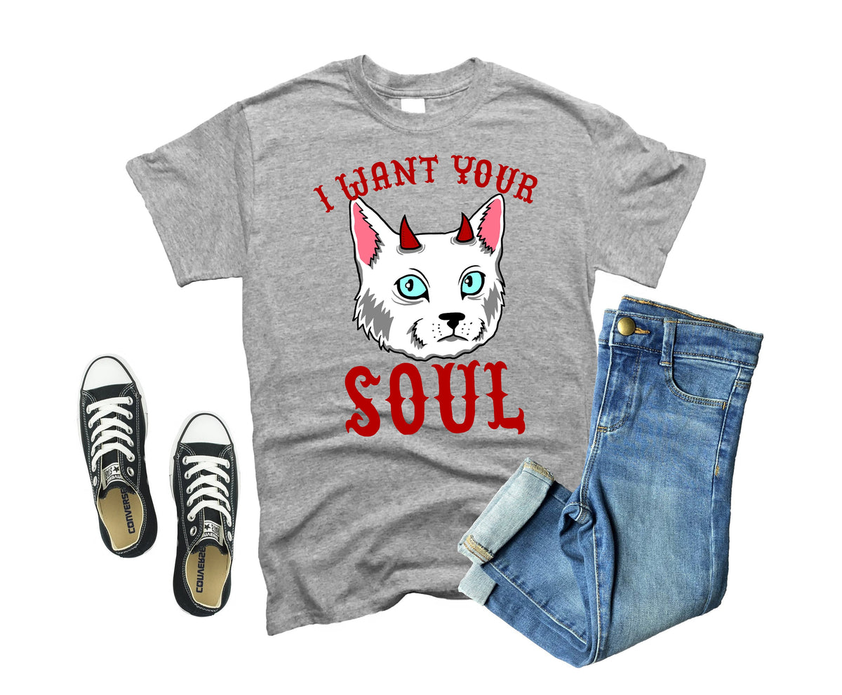 Devil Cat TShirt Funny Cat I Want Your Soul Tee Funny Halloween Cat Tank Top Hoodie Sweatshirt Long Sleeve Kids Tee Apparel Gift Hoodie – Everyday Comfort · Perfect For Daily Wear