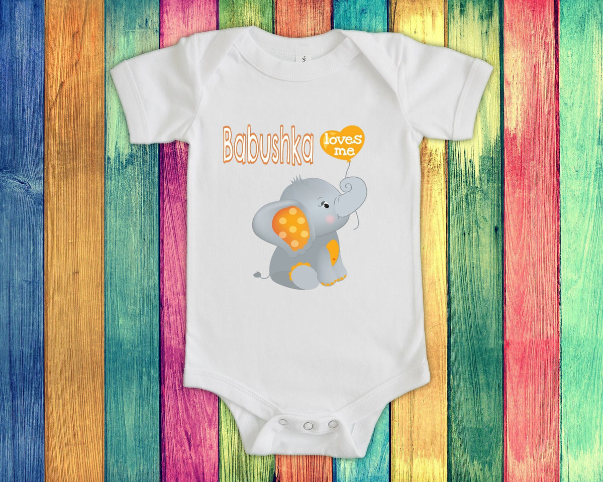 Babushka Loves Me Cute Grandma Name Elephant Baby Bodysuit Tshirt or Toddler Shirt Russian Grandmother Gift Pregnancy Reveal Announcement Graphic Tee – Soft Feel · Must-Have Style