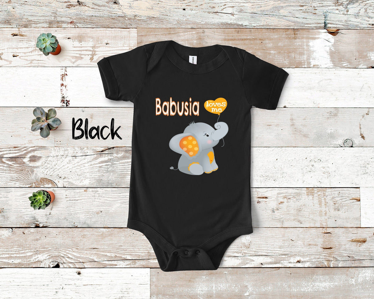 Babusia Loves Me Cute Grandma Name Elephant Baby Bodysuit Tshirt or Toddler Shirt Ukrainian Grandmother Gift Pregnancy Reveal Announcement Graphic Tee – Warm & Stylish · Trending Graphic Apparel