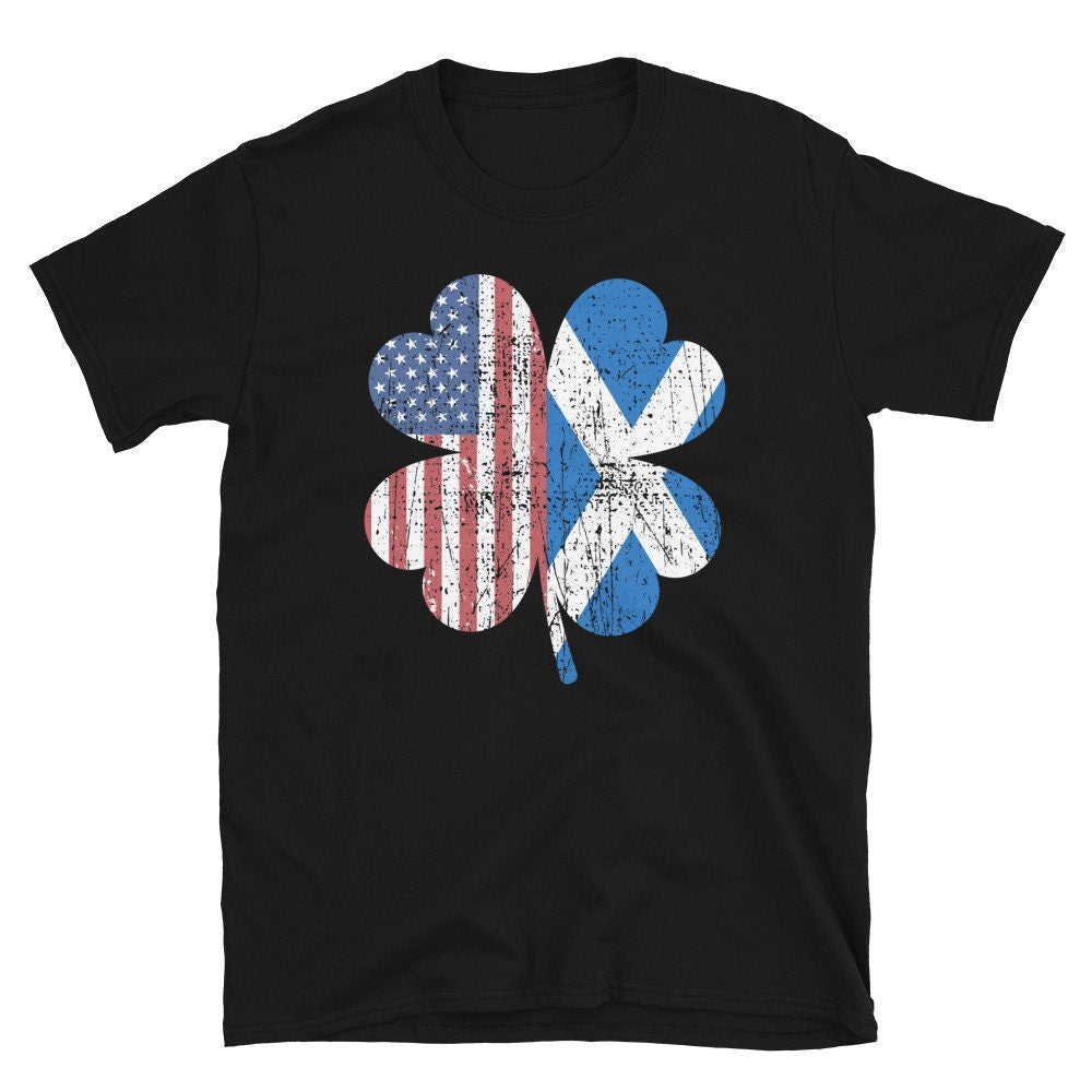 USA and Scottish Flag on Four Leaf Clover Unisex T Shirt Graphic Tee – Soft Feel · Trending Graphic Apparel