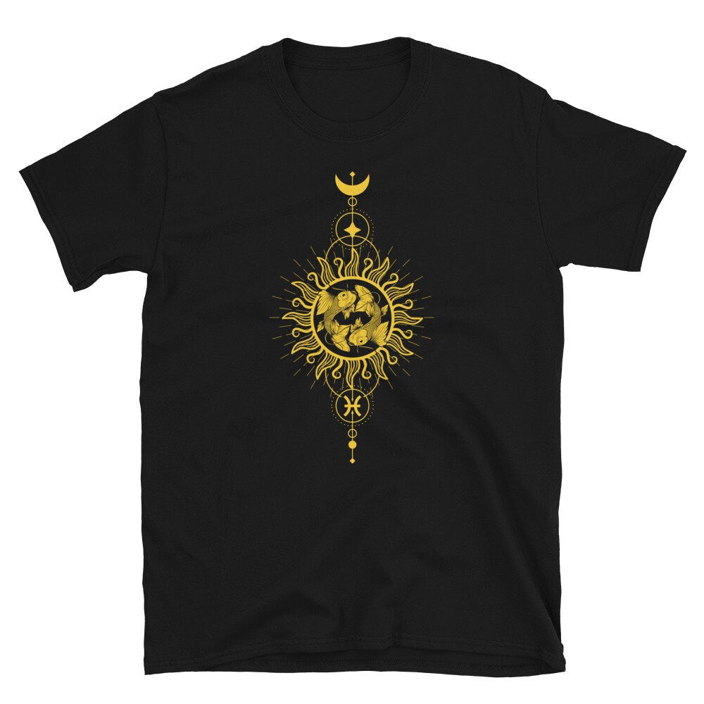 Sacred Geometry Sun and Moon Zodiac Pisces Unisex T Shirt Graphic Tee – Warm & Stylish · Perfect For Daily Wear