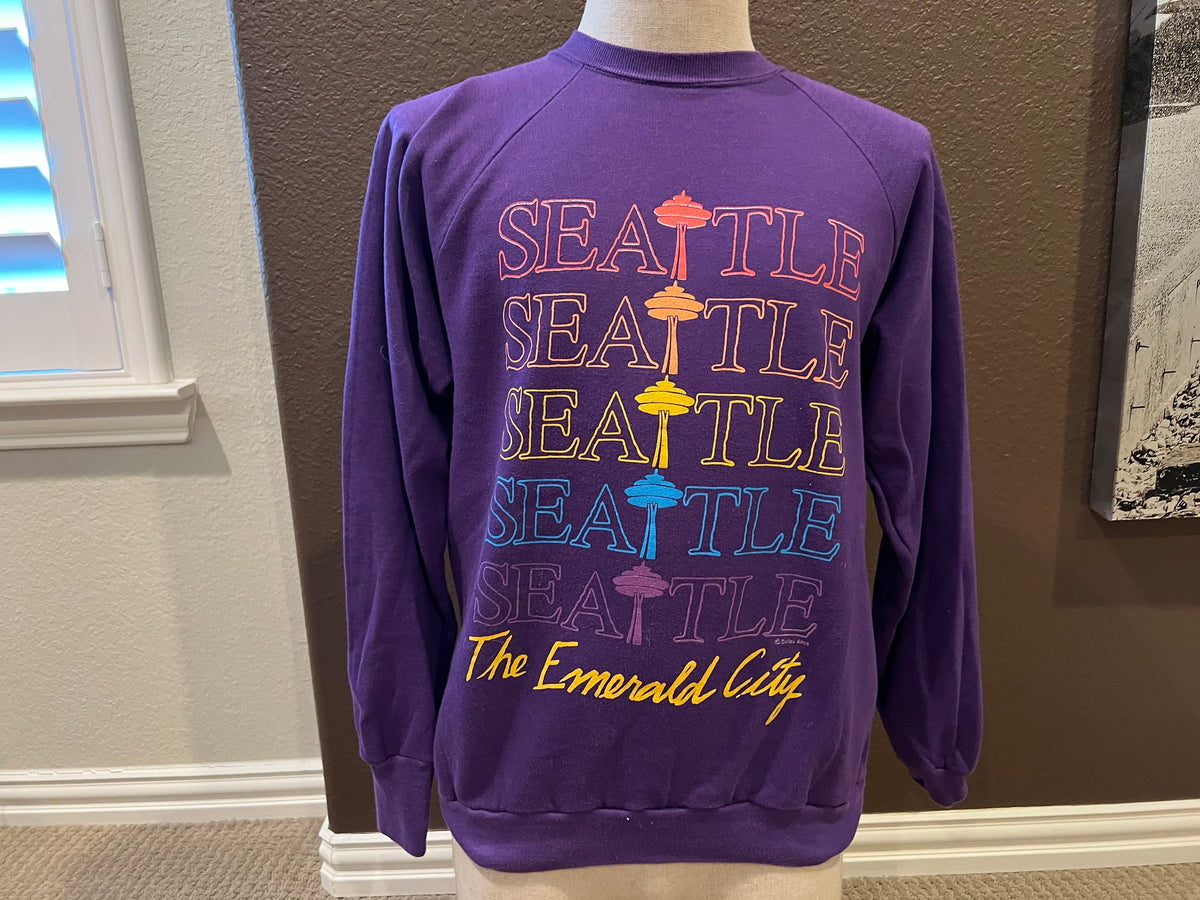 Vintage 8039s Seattle The Emerald City Purple Crewneck Sweatshirt Size L Sweatshirt – Bold Style · Trending Graphic Apparel