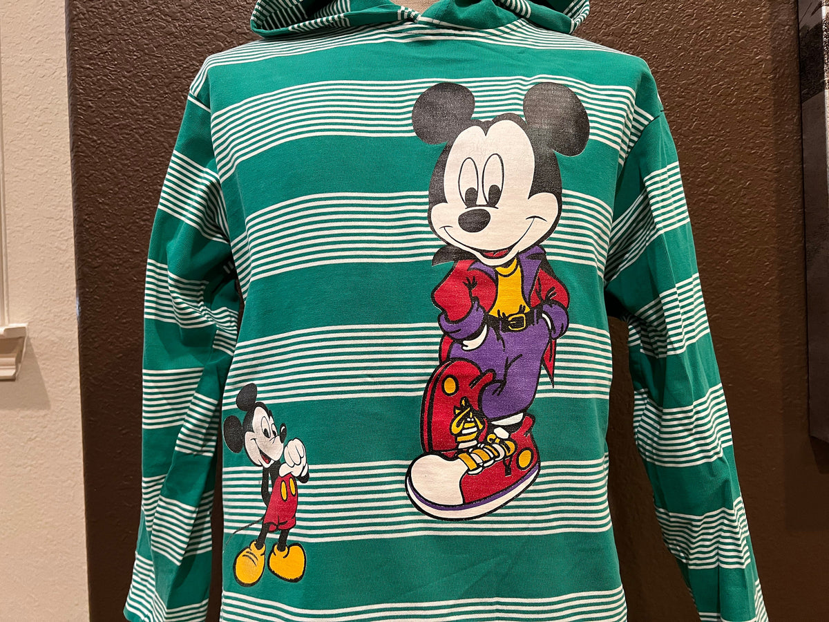 Vintage 9039s Mickey Mouse Walt Disney Green White Striped Long Sleeve Hooded Shirt Size SM Graphic Tee – Everyday Comfort · Perfect For Daily Wear
