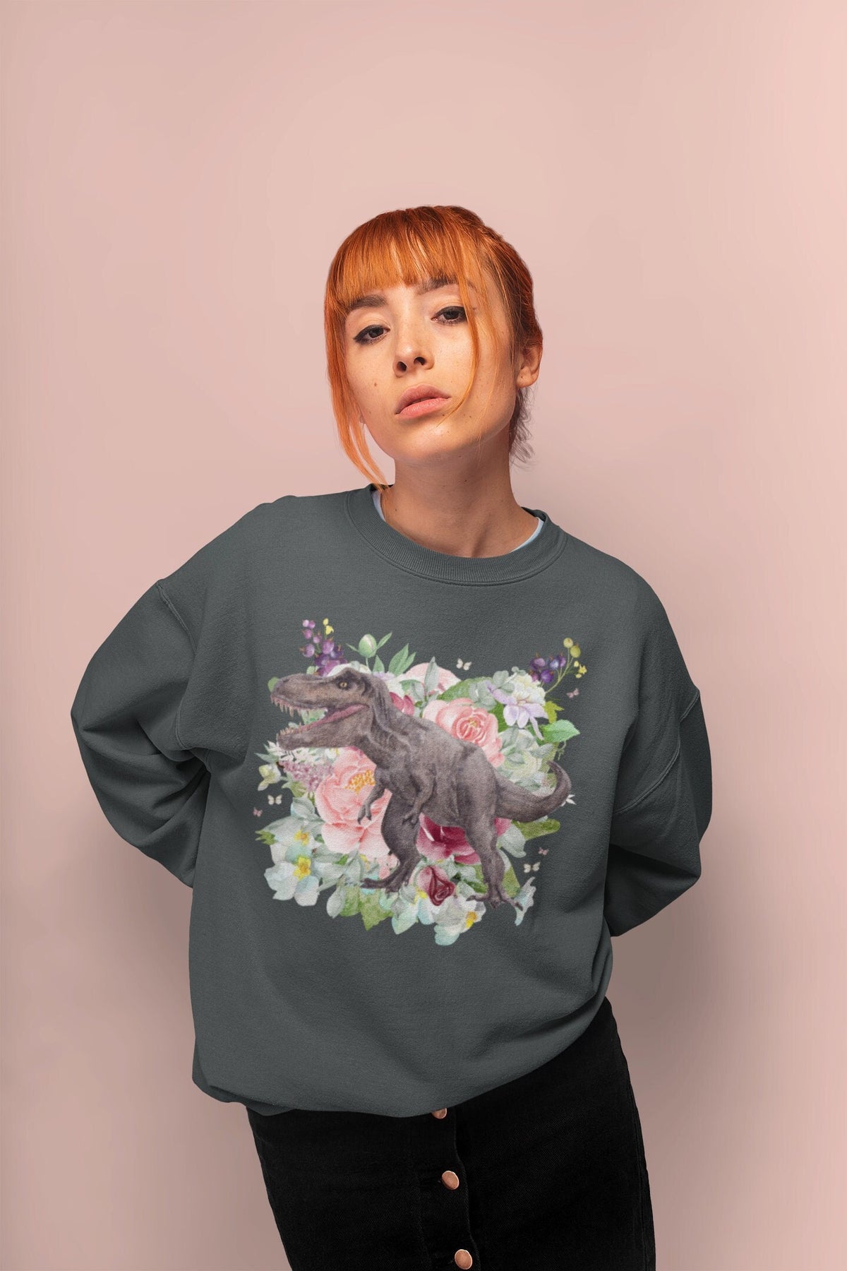 Dinosaur Sweatshirt with Flowers Boho Floral Design with TRex Cute Dinosaur Gift Dinosaur with Butterflies TRex Sweatshirt TRex Gift Sweatshirt – Aesthetic Look · Top Pick For Any Outfit