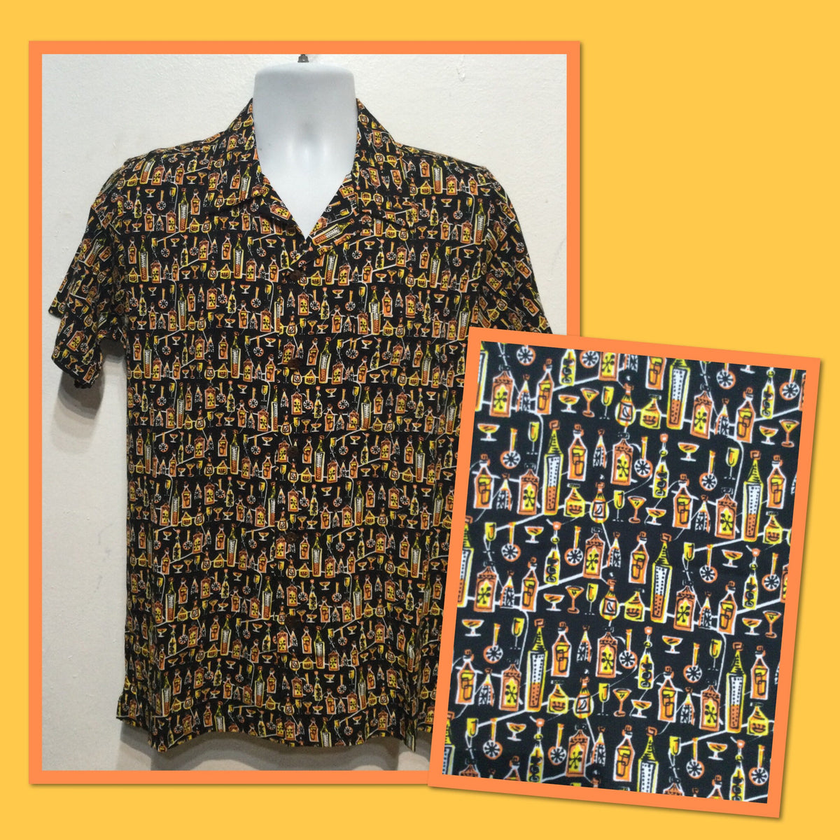 AT004 Americana 195039s style rayon atomic bottledrinking glasses print shirt by Atomik Tiki Graphic Tee – Bold Style · Great Gift For Fans